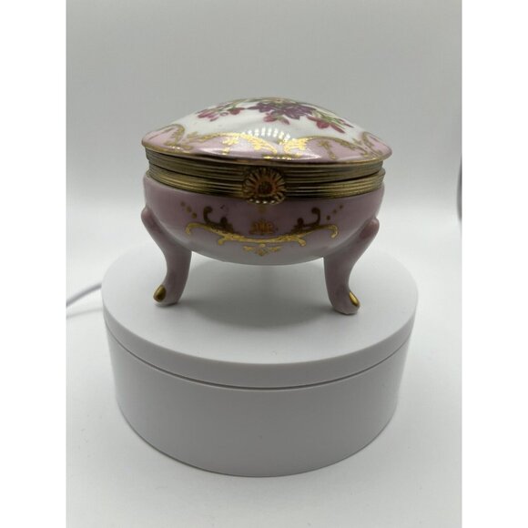 Porcelain Hand Painted Trinket Box Hinged Lid 4 Pedestal Legs Pink Floral VTG - Picture 4 of 16